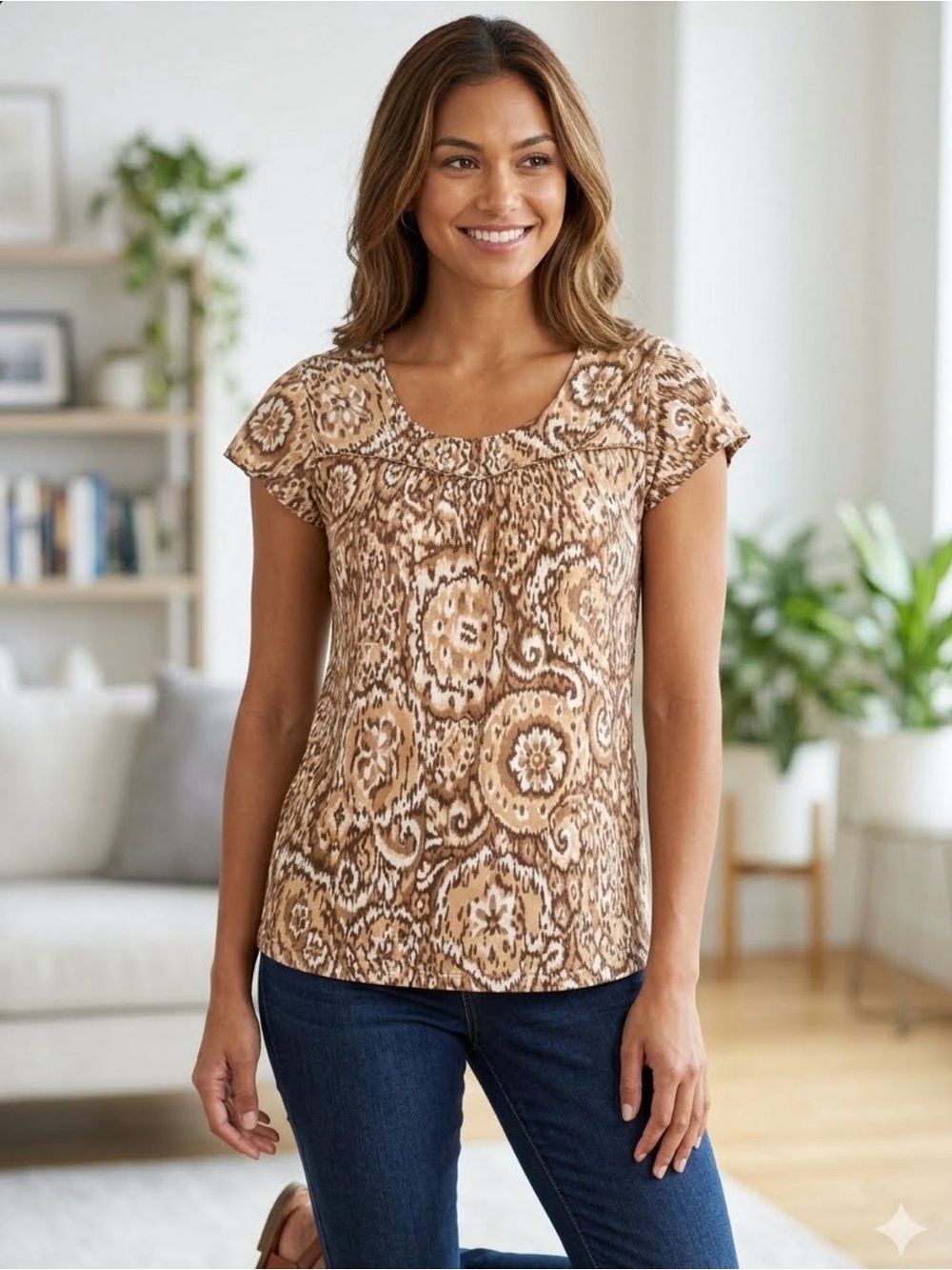 Liz & Co top neutral brown paisley pattern with gathered bust and cap sleeves